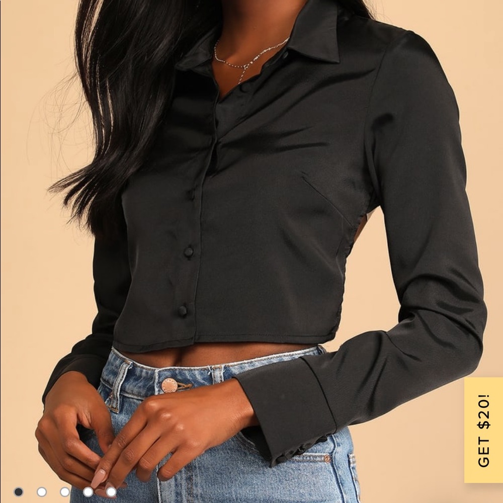 Welcome Back Black Satin Tie-Back Button-Up Crop Top NWT